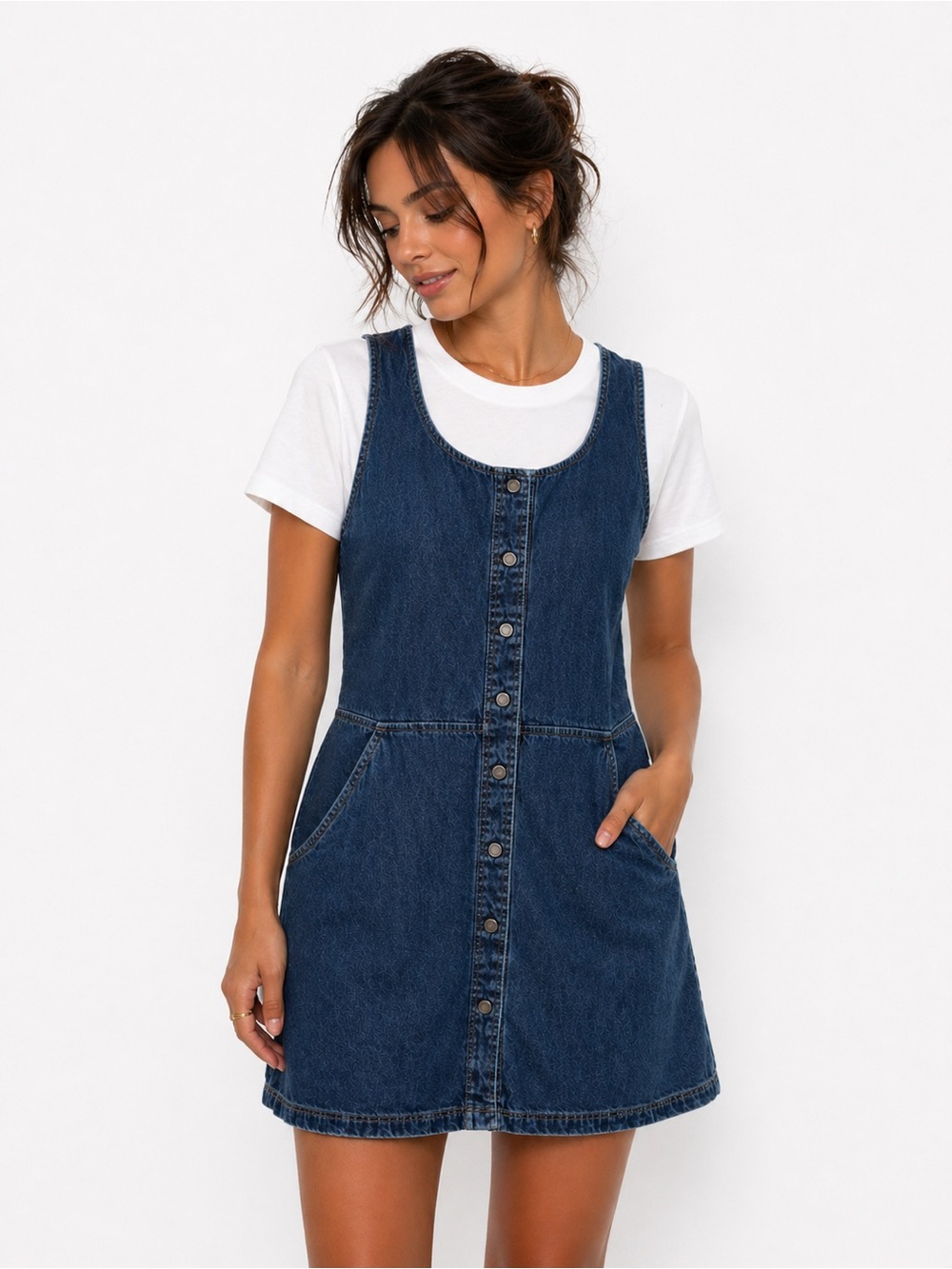 New York Jeans Denim Dress Button Front Sleeveless Blue Size 8 w/pockets